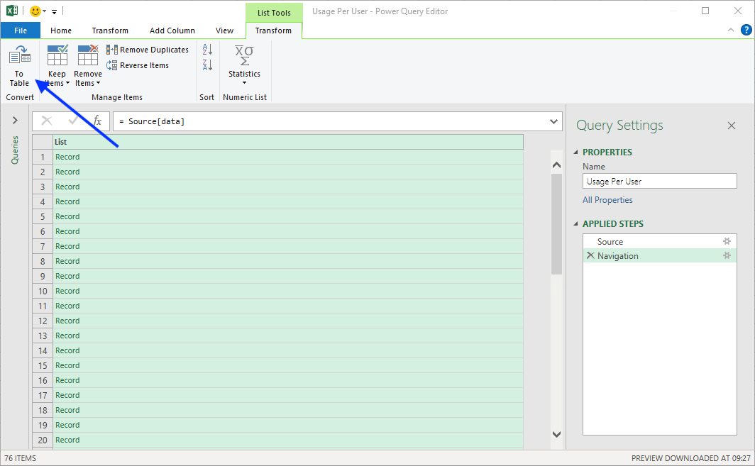 Import License Statistics data into Excel using Power Query 7