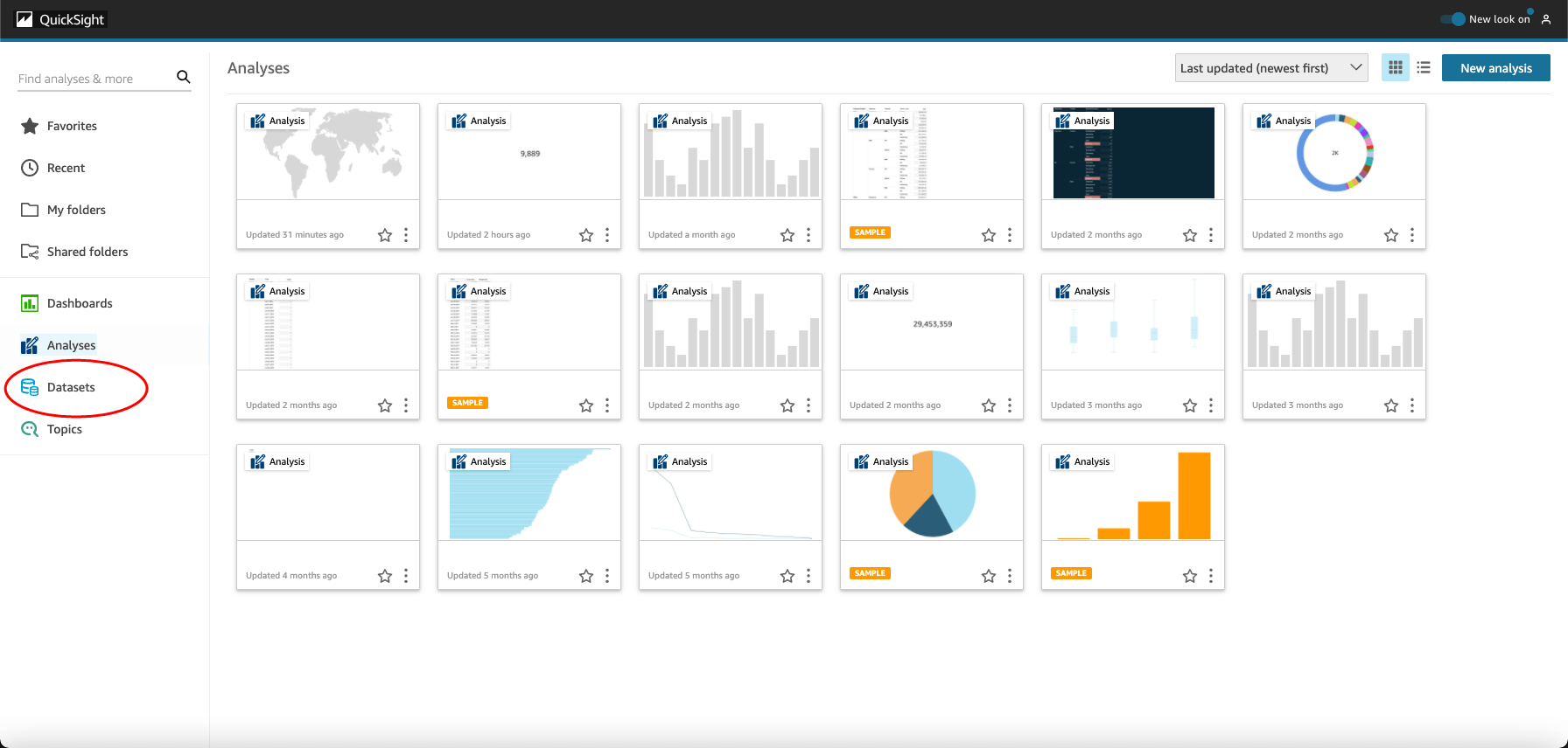 License Statistics - Importing data to Amazon QuickSight - step 1 - datasets
